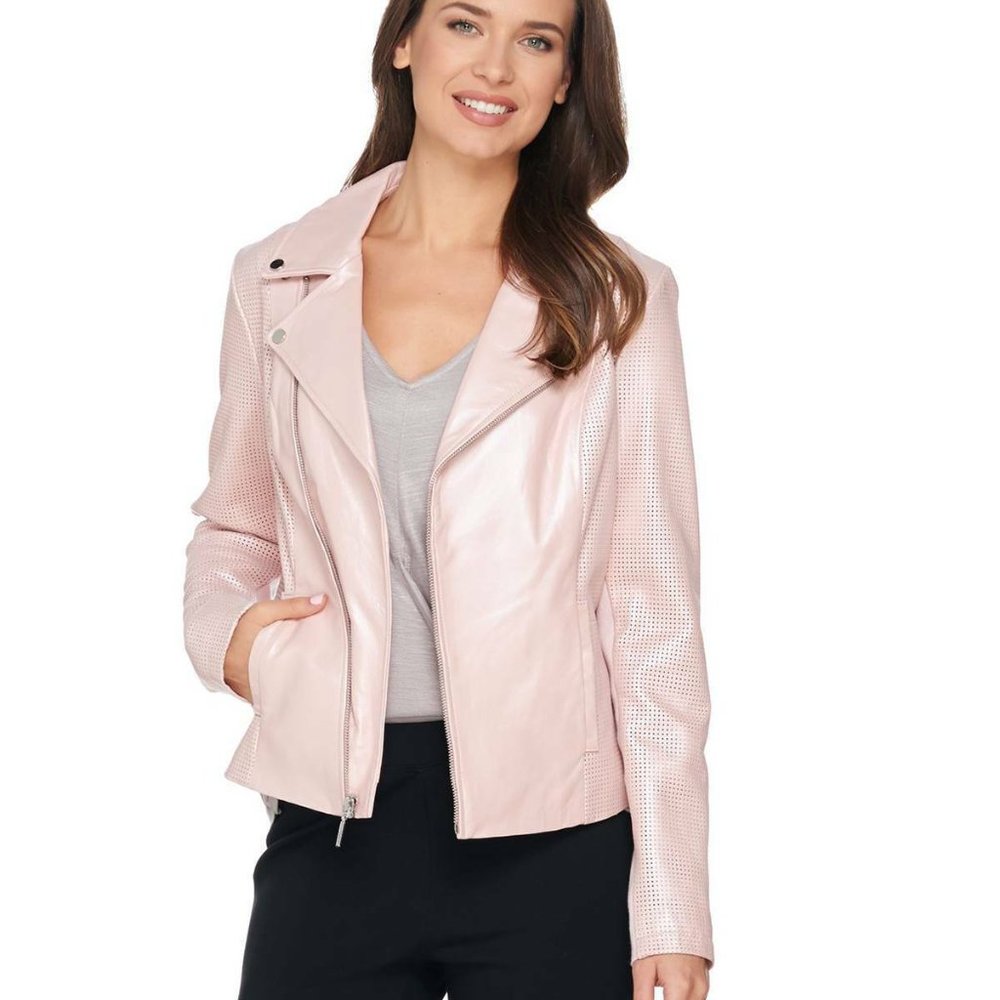 H By Halston Pearlized Lamb Leather Motorcycle Jacket Rose Blush